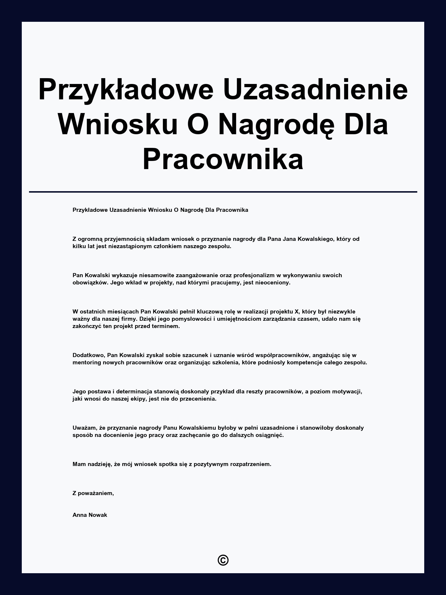 Przykładowe Uzasadnienie Wniosku O Nagrodę Dla Pracownika
