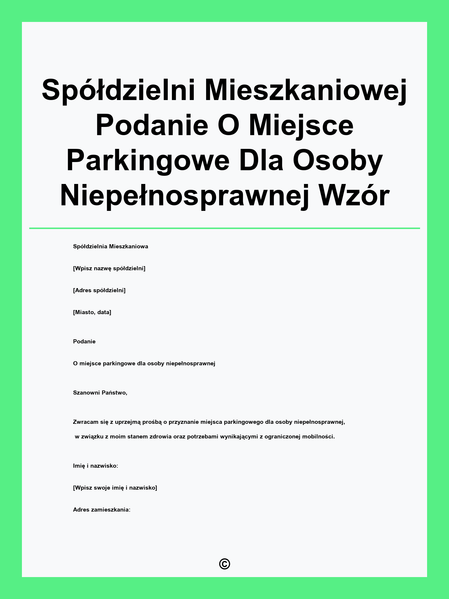 Spółdzielni Mieszkaniowej Podanie O Miejsce Parkingowe Dla Osoby Niepełnosprawnej Wzór