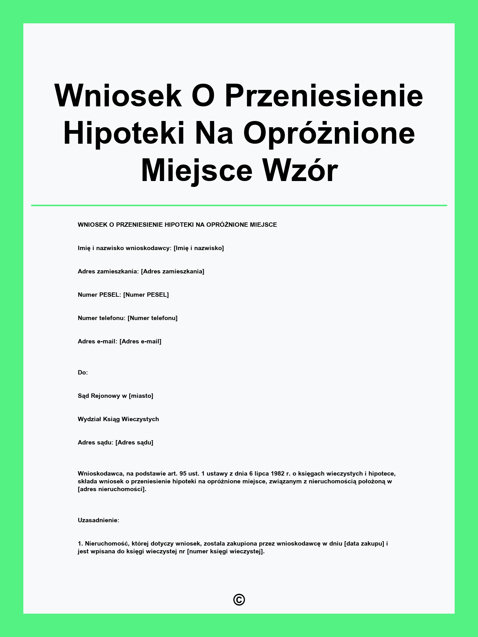 Wniosek O Przeniesienie Hipoteki Na Opróżnione Miejsce Wzór