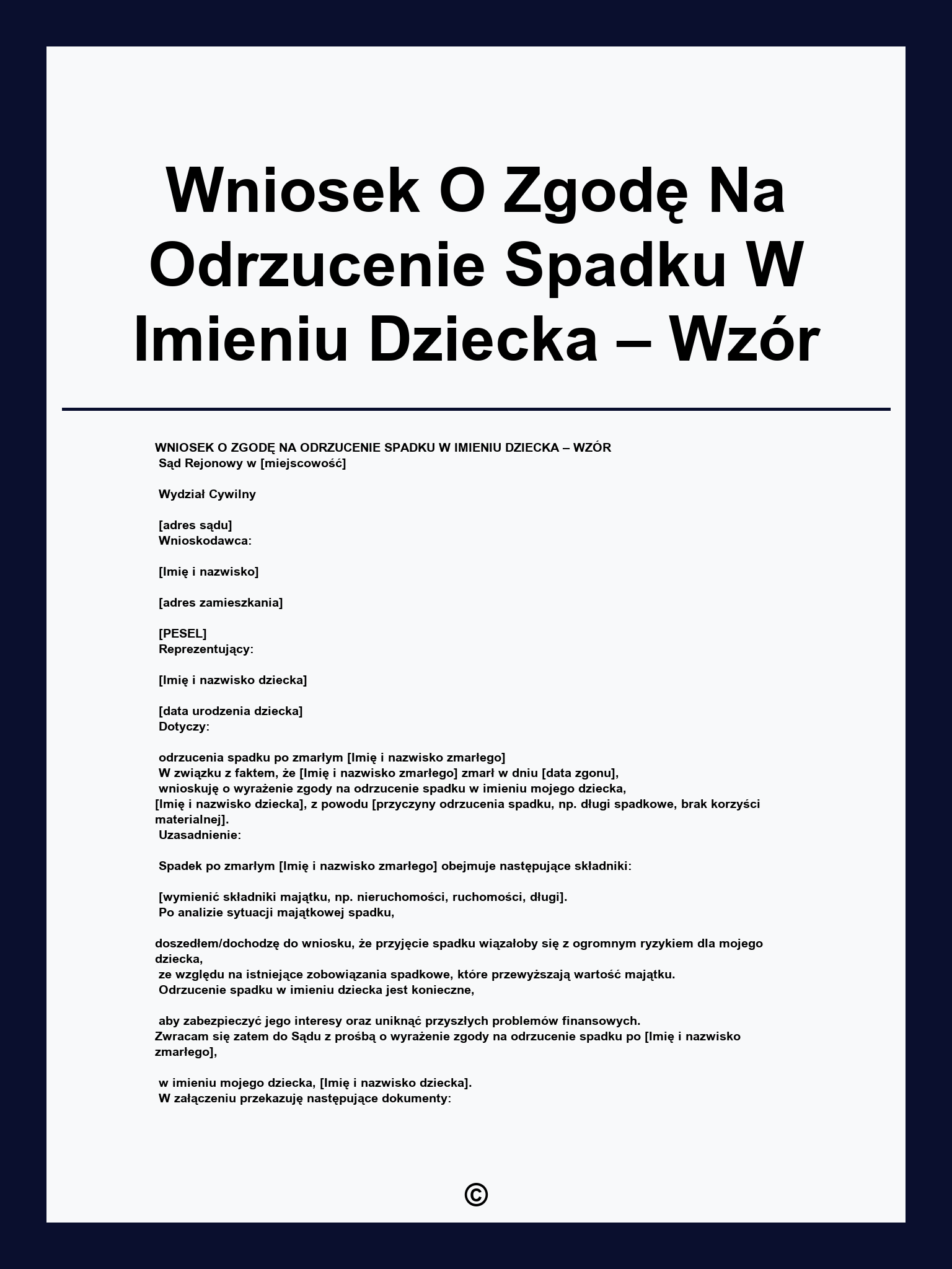 Wniosek O Zgodę Na Odrzucenie Spadku W Imieniu Dziecka – Wzór
