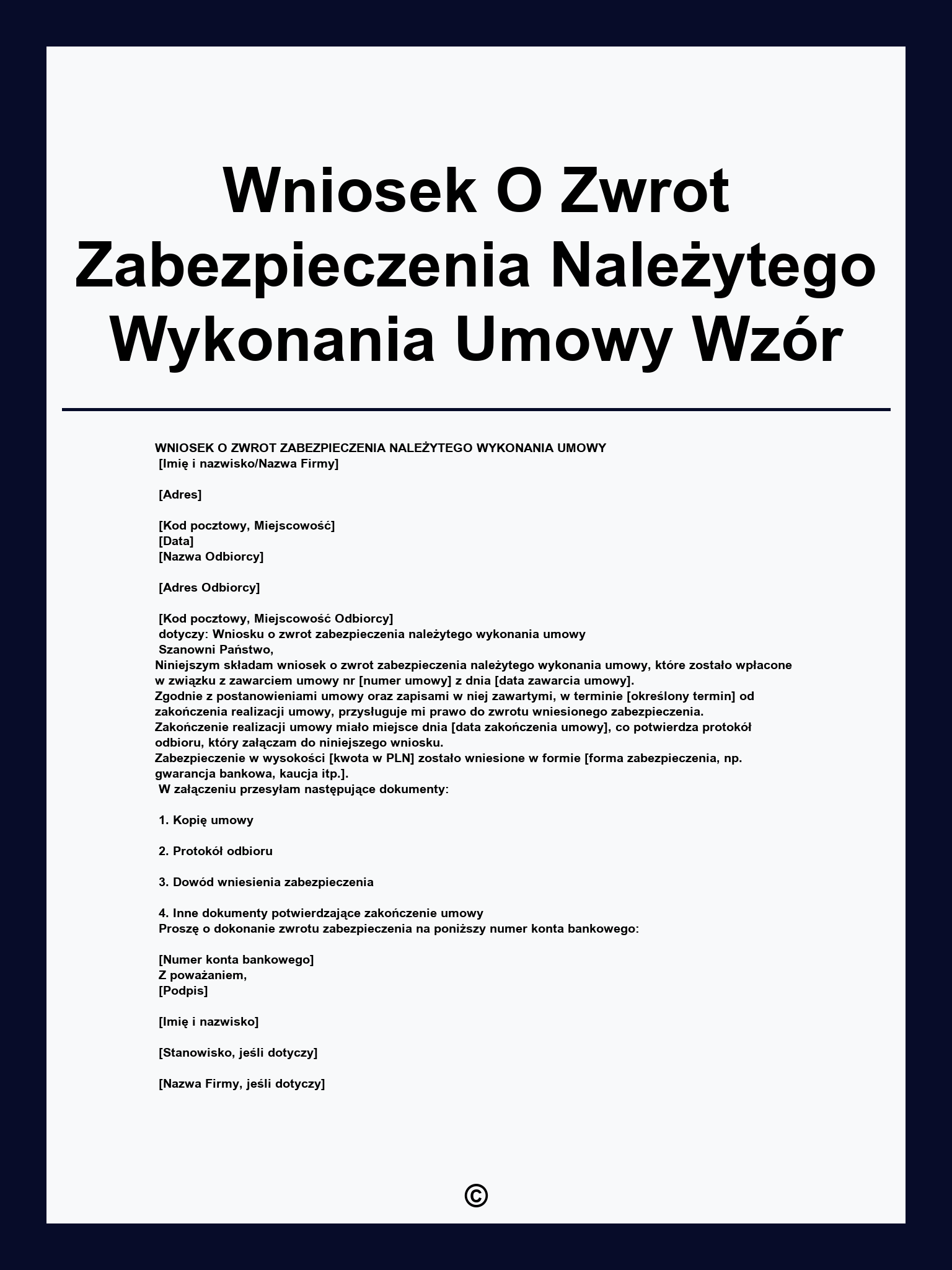 Wniosek O Zwrot Zabezpieczenia Należytego Wykonania Umowy Wzór
